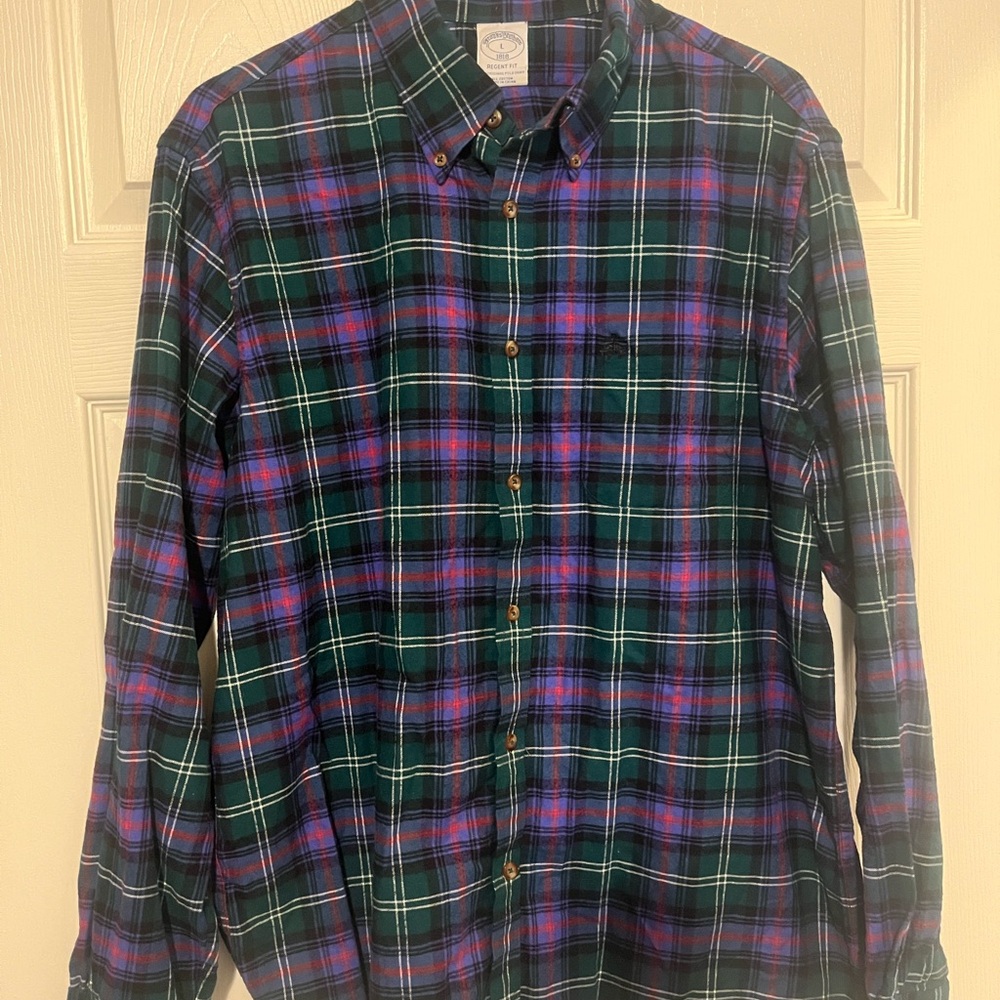 Brooks Brothers Green and Purple Plaid Casual Button Down Shirt